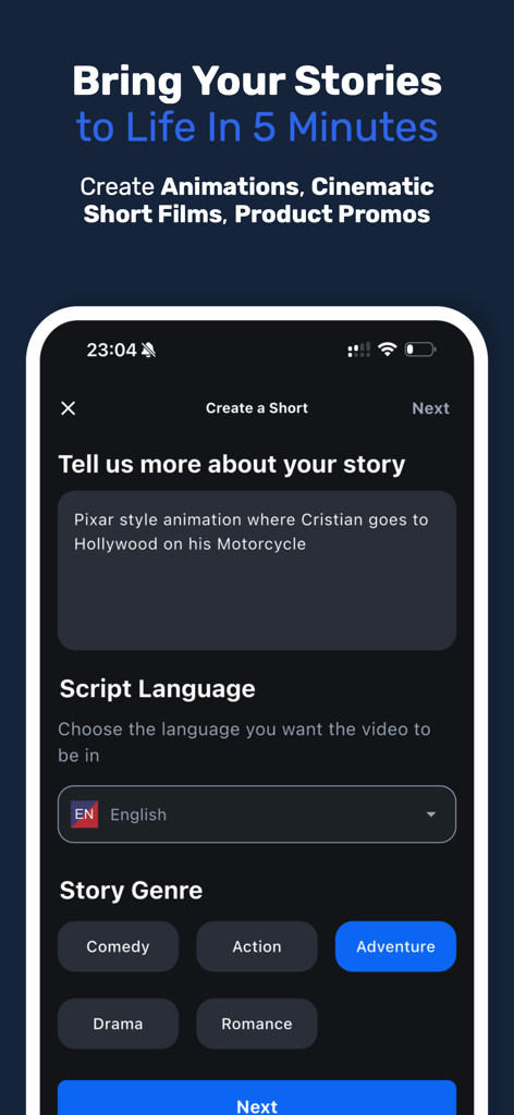 Shorts AI - Video Creator - Interface of the Shorts AI app showing a text prompt for creating a Pixar style animation and options for choosing a story genre.