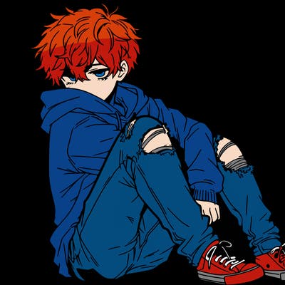 a male hoddie ripped jeans messy hair anime