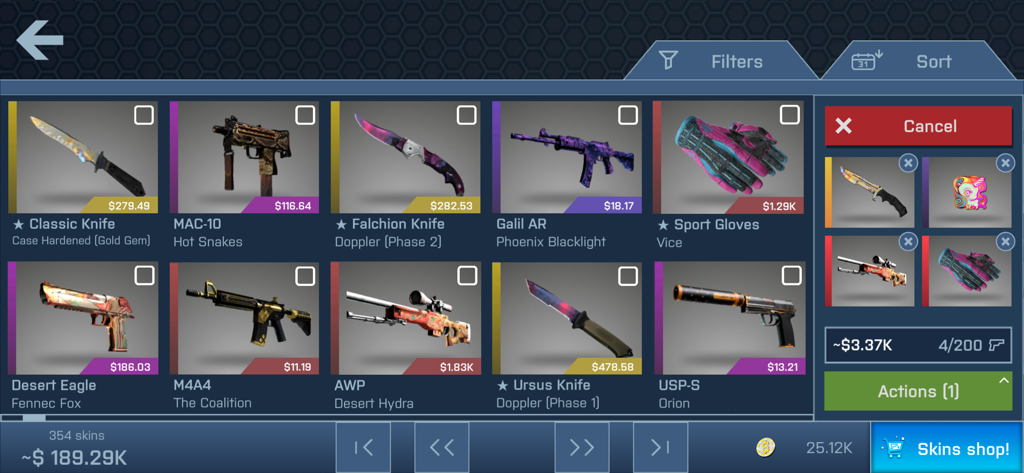 Inventario de skins de armas y cuchillos en la aplicación simuladora Case Opener