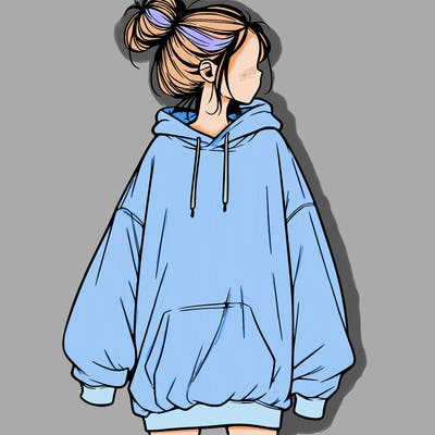 realistic girl with a oversized sweatshirt on and a bun