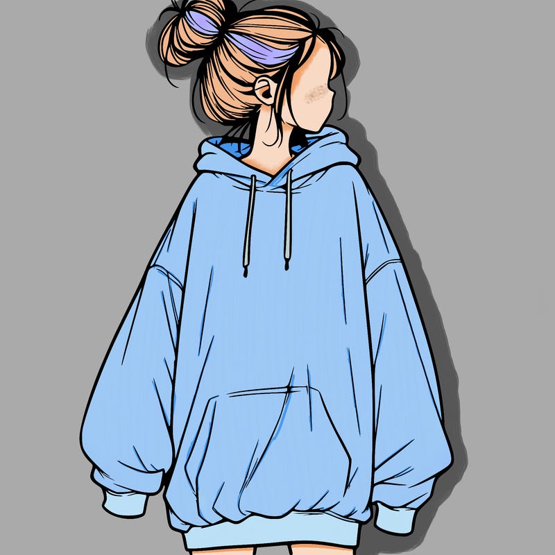 realistic girl with a oversized sweatshirt on and a bun