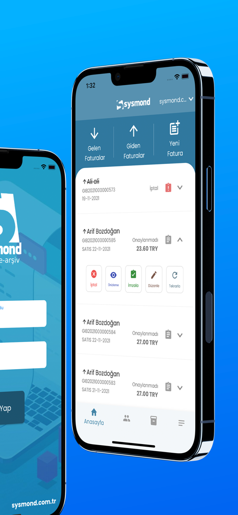 Mobile app interface of Sysmond e-Arşiv Fatura showing a list of outgoing Turkish electronic invoices with status and amount