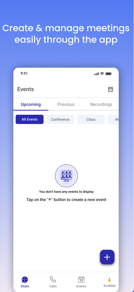 Daakia: Meetings & Webinar - Interface of the Daakia app showing the events management screen for scheduling and tracking upcoming meetings.