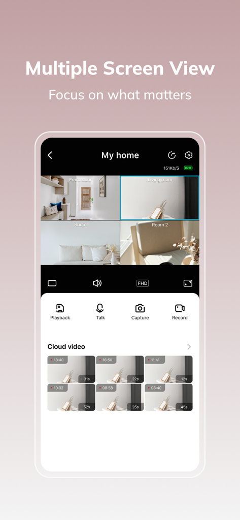 Home V - Smart Camera - Interface de l'application Home V montrant plusieurs flux de caméras de sécurité et des enregistrements vidéo cloud