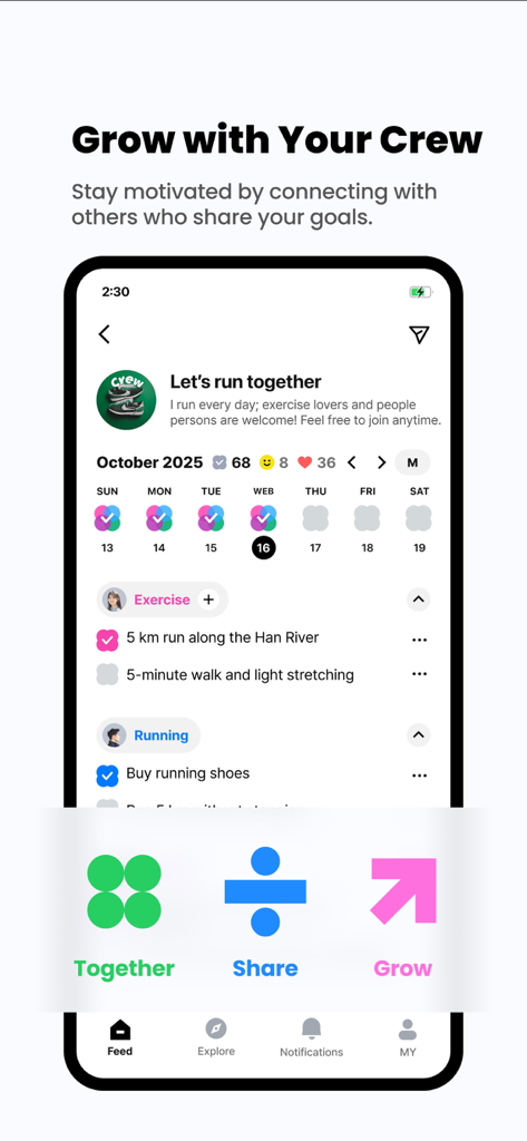 todo mateアプリのスクリーンショット。共有ランニング目標と共同アクティビティ追跡を備えた「Grow with Your Crew」というタイトルのグループタスクインターフェースが表示されています。