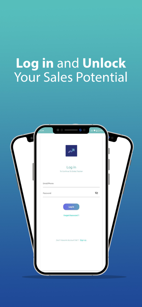 Sales-Tracker - Sales-Tracker app login screen on a smartphone displaying fields for email and password under a headline about unlocking sales potential