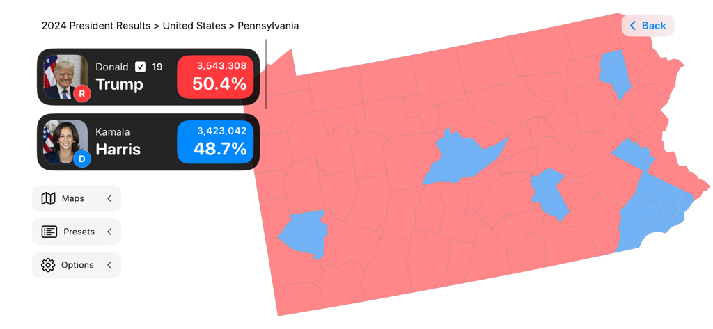 US Election Simulator - A detailed interactive map of Pennsylvania showing the 2024 presidential election results with a breakdown of votes for Trump and Harris.