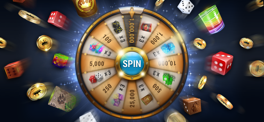 Backgammon Live™ Board Game - A prize wheel in Backgammon Live showing coin rewards and dice items