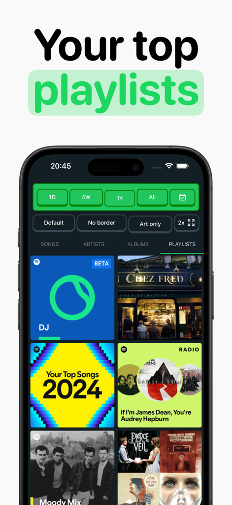 Screenshot of the Trackify app showing the Your Top Playlists screen with a grid of music playlist covers and time range filters.