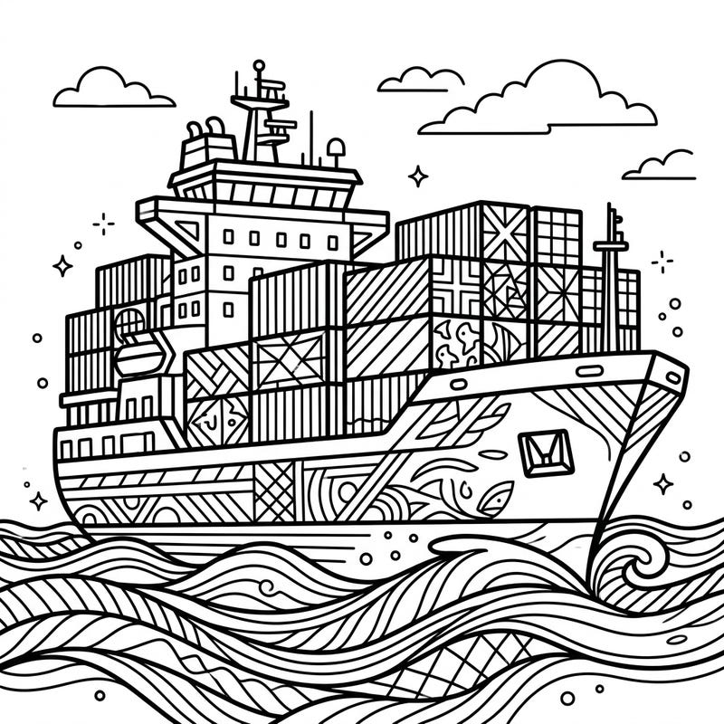 Dive into a maritime world with this exciting Pop Art cargo ship coloring page. Designed with bold lines and engaging patterns, it's perfect for young artists aged 4-8 to explore their creativity.
