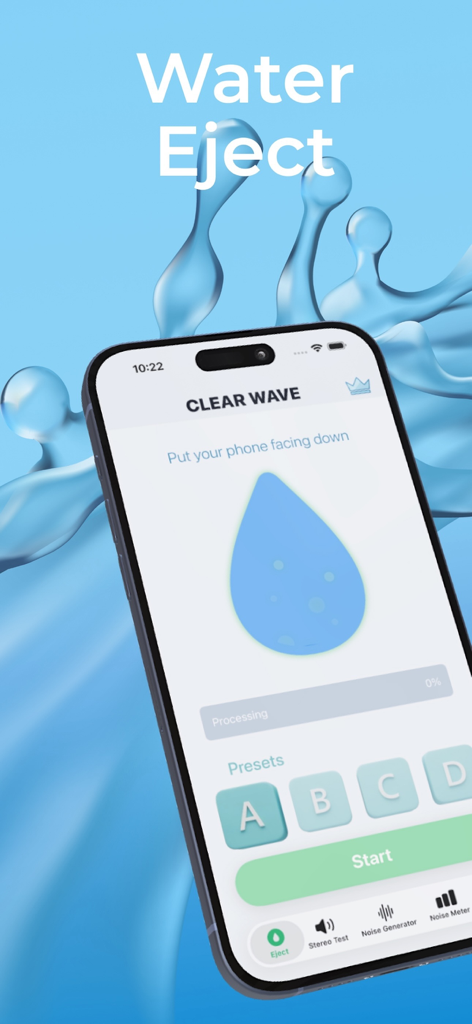 Clever Speaker Cleaner - Interface do aplicativo Limpador de Alto-Falantes Inteligente exibindo o recurso de ejeção de água com um ícone de gota de água azul