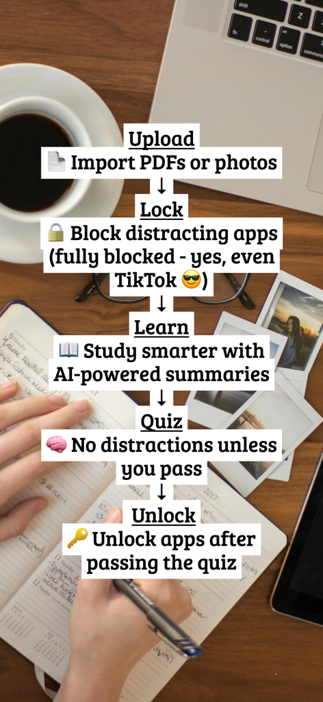 StudyLock: Block Distractions - An infographic showing the five steps of the StudyLock process: upload materials, lock distracting apps, learn with AI summaries, pass a quiz, and unlock apps.