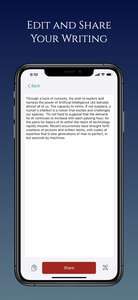 AI Author : Write like Writers - Tela de smartphone mostrando o editor de texto e a funcionalidade de compartilhamento do aplicativo AI Author