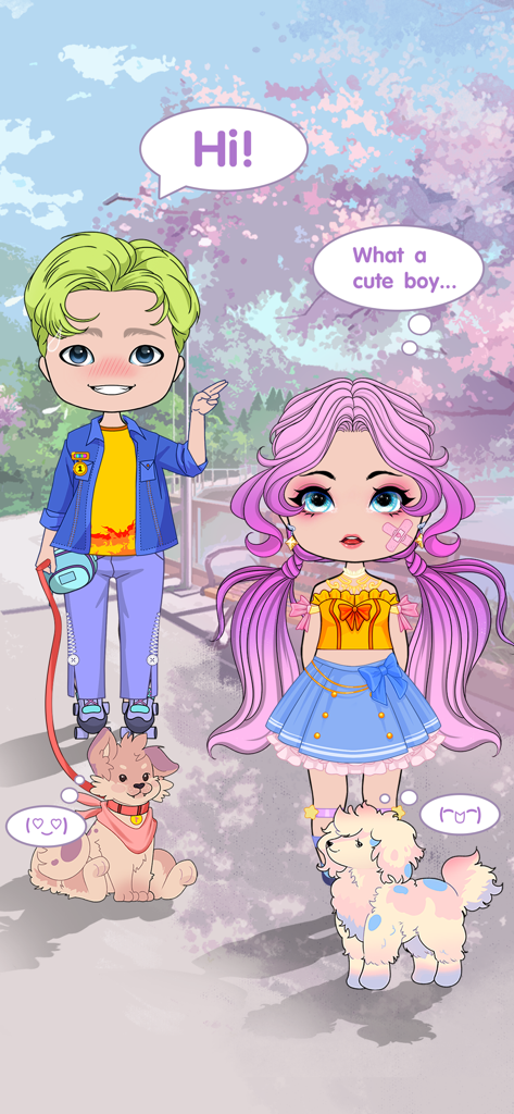 A boy and girl chibi character with their pet dogs in a cherry blossom park