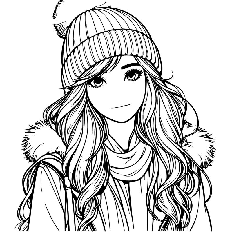 realistic girl with winterhat jacket longhair scarf and boots