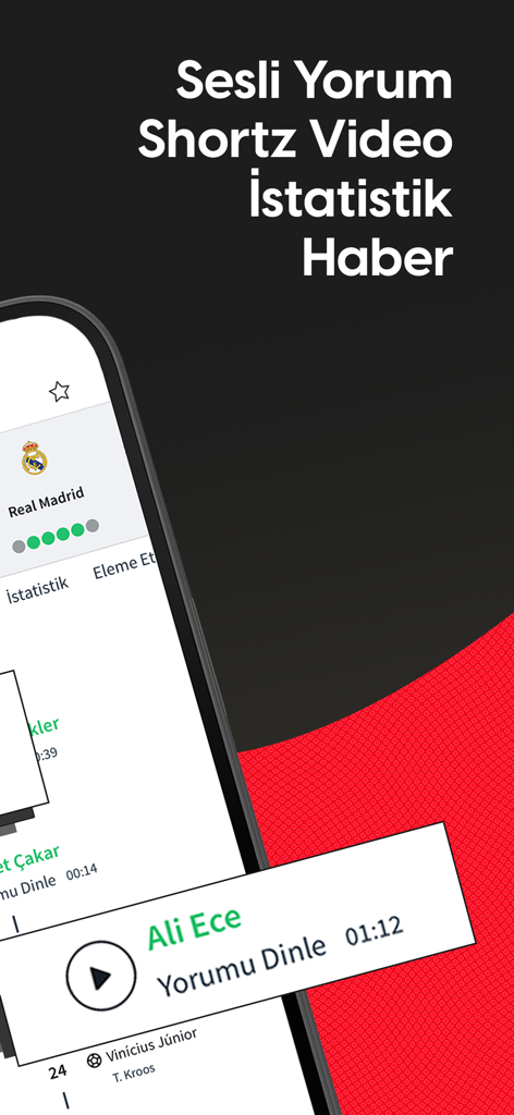 Écran de l'application Sportz affichant les commentaires audio et les statistiques du match pour le Real Madrid