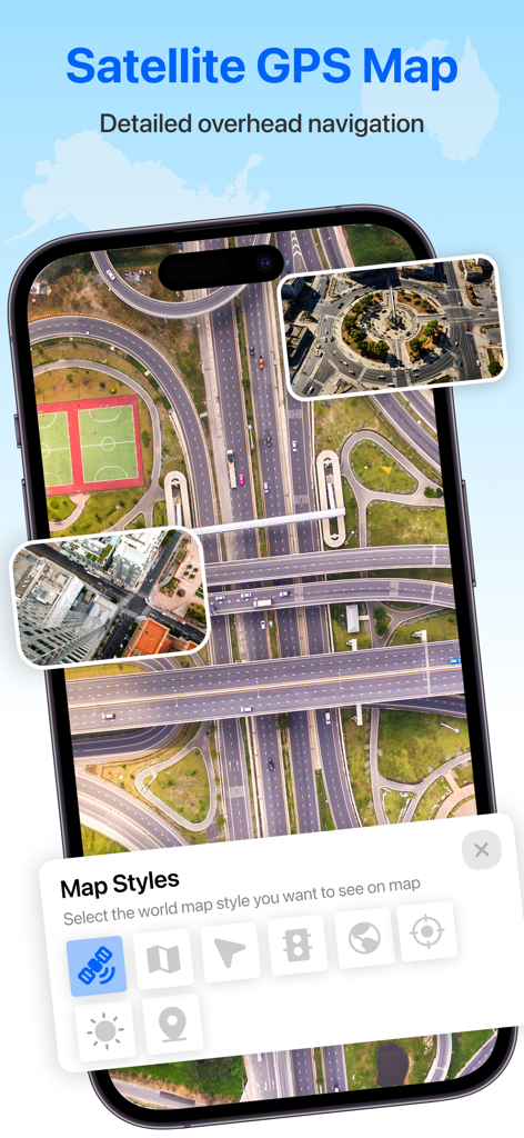 GPS Maps & Voice Navigation - High resolution satellite view of a highway interchange on a smartphone with a map styles menu.