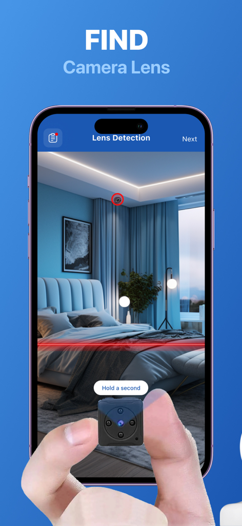 Camera Detector App - iPhone app scanning a hotel bedroom to find hidden camera lenses using AI.