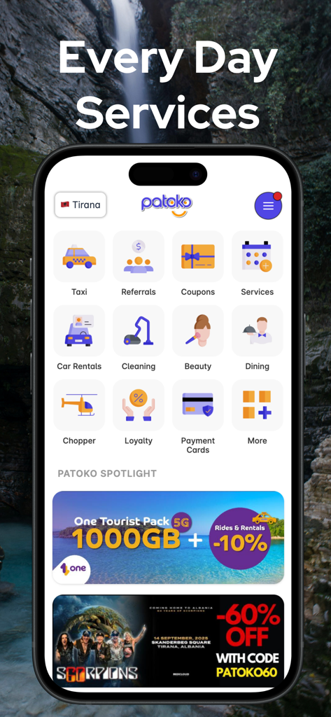 티라나의 모빌리티 및 라이프스타일 서비스 아이콘을 보여주는 Patoko 앱 홈 화면