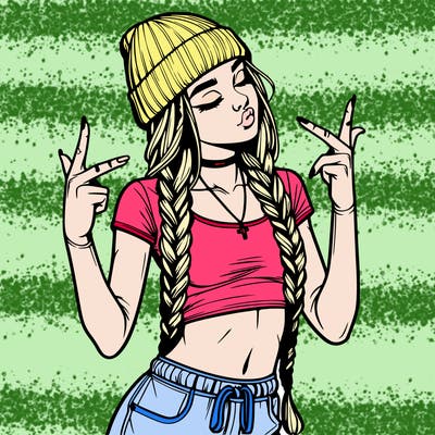 realistic teenage girl with braids and a beanie and crop top doing 🫶🏼