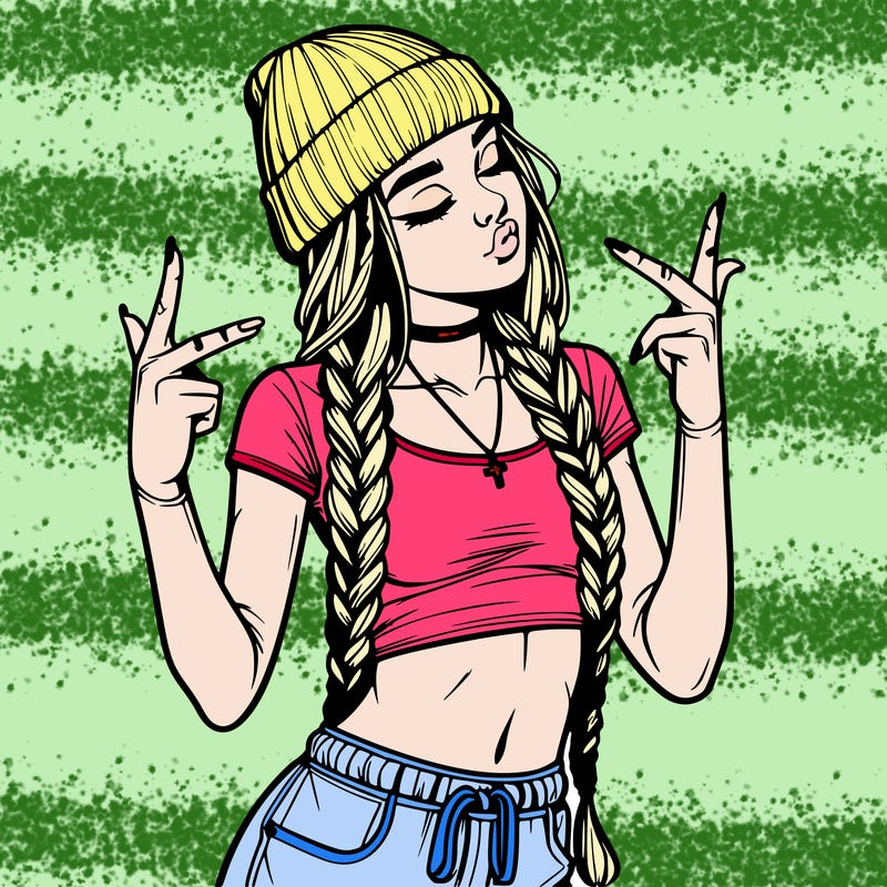 realistic teenage girl with braids and a beanie and crop top doing 🫶🏼