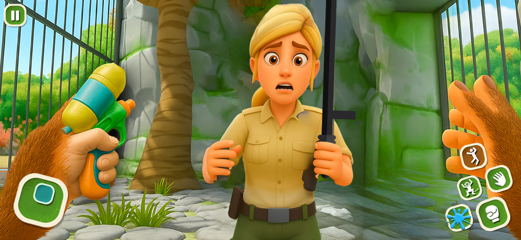 I Monkey Naughty Zoo Cage Game - Perspective à la première personne d'un singe tenant un pistolet à eau face à un gardien de zoo surpris dans une cage de zoo