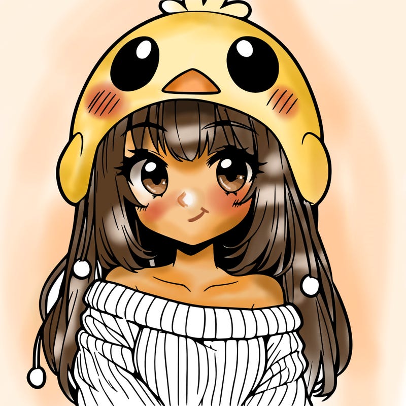 anime girl with chick shaped hat with sweater with bare shoulders with bangs covering them one eye with low tail