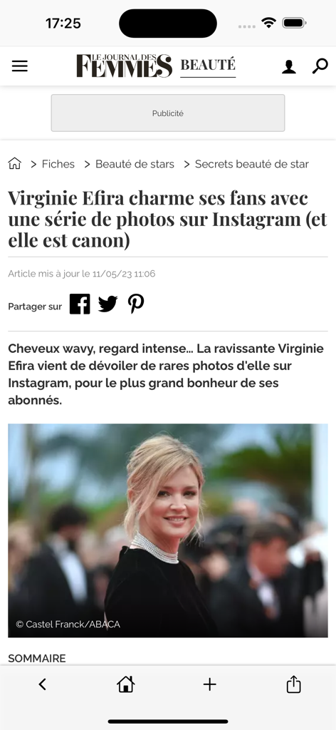 A beauty article about Virginie Efira in the Journal des Femmes lifestyle app.