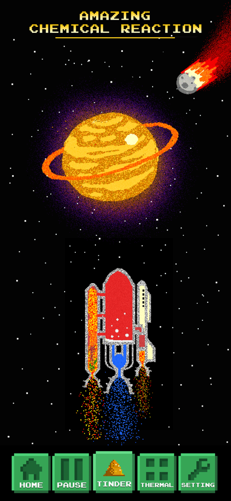Pixel art of a rocket ship launching in space with a planet and meteor in the background