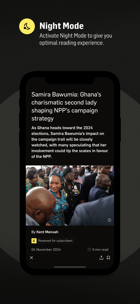 TheAfricaReport.com - The Africa Report app interface featuring an article about Ghana's second lady in night mode