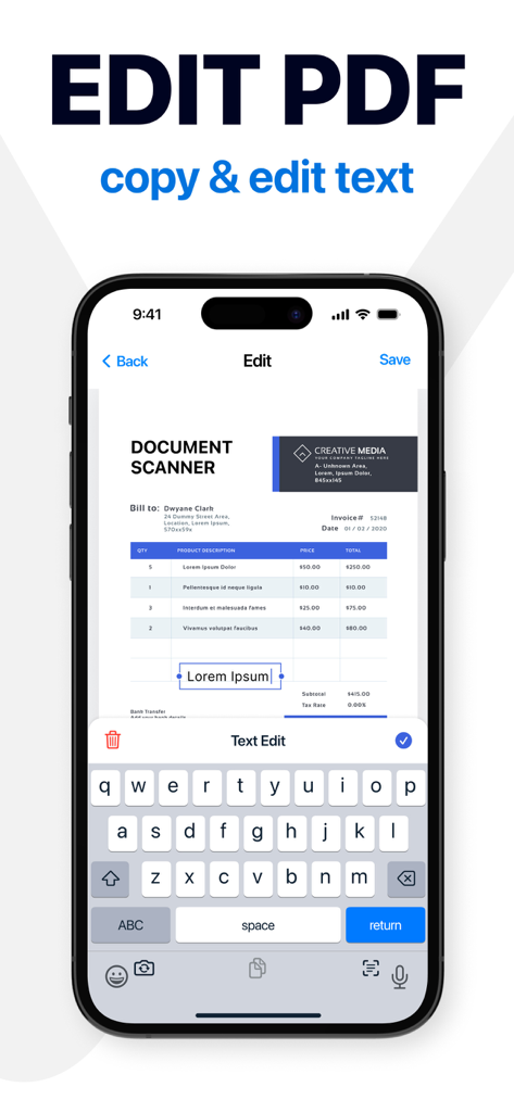 PDF Scanner - Fax, Sign & Edit - Écran iPhone montrant un document PDF en cours d'édition avec un clavier virtuel dans l'application Scanner PDF
