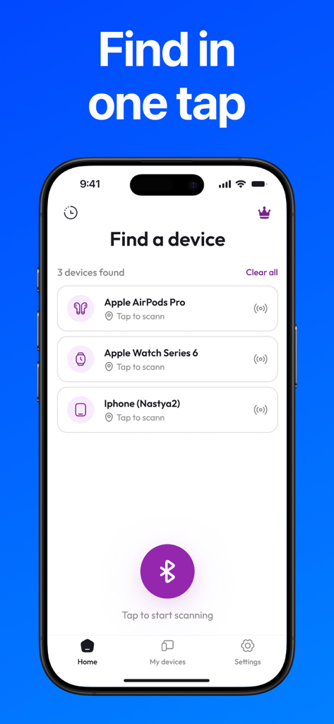 Find my Pods & Device - Interface of the Find my Pods app showing a Bluetooth scanner for AirPods Apple Watch and iPhone