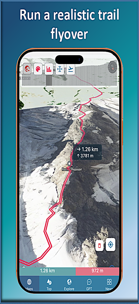 Trail Explorer - Trail Explorer mobile app displaying a 3D aerial flyover of a mountain hiking trail with elevation data