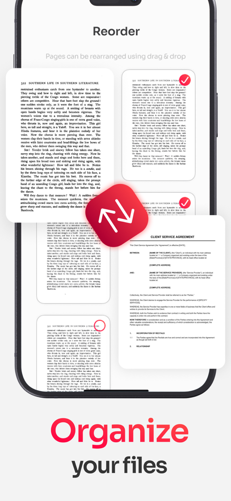 PDF Scanner. Scan Document - Tela do smartphone mostrando o recurso de reordenar e organizar arquivos de um aplicativo de scanner PDF