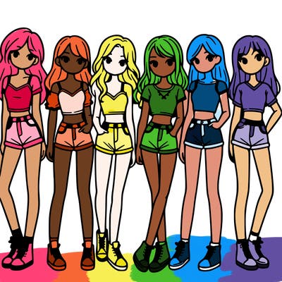 a group of girls wearing crop tops and shorts