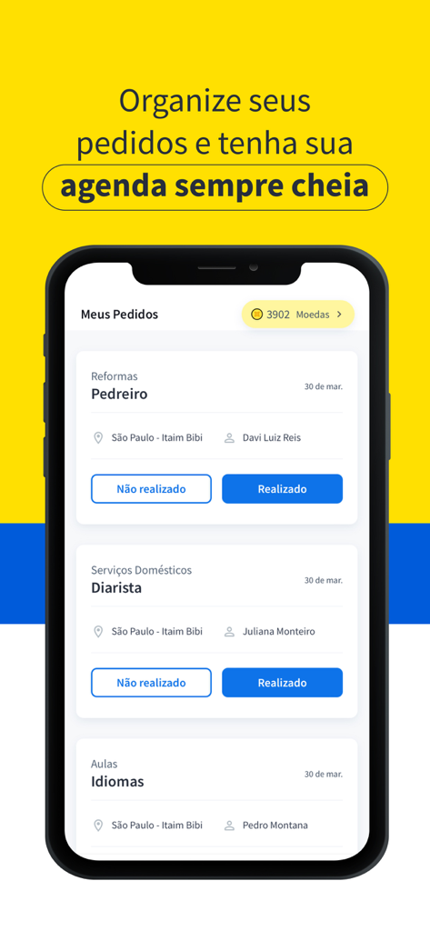 GetNinjas mobile app screen showing the my orders section for service professionals to manage their schedule