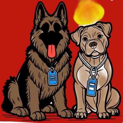 german shepherd with a pitbull next to it with tags