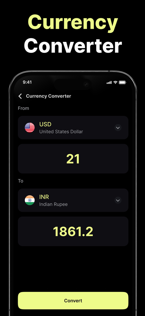 Écran du convertisseur de devises montrant la conversion USD en INR