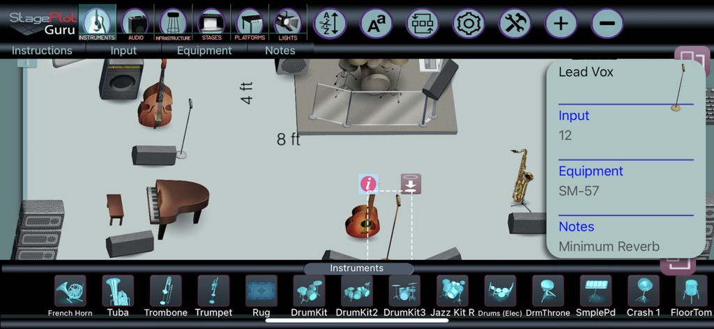 StagePlot Guru - Interface of the StagePlot Guru app showing a professional stage layout with instruments and technical audio specifications