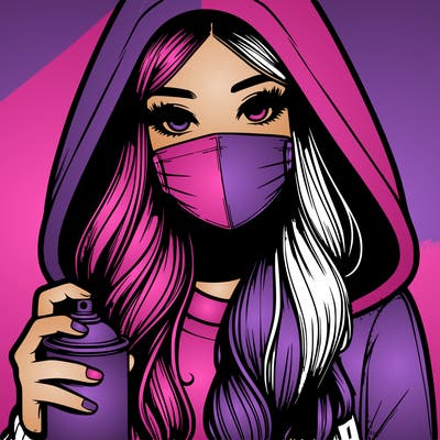 girl wearing a mask with long hair with her hood up spray-painting realistic