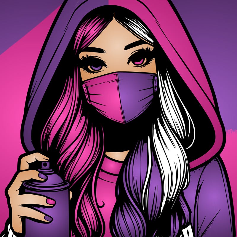 girl wearing a mask with long hair with her hood up spray-painting realistic