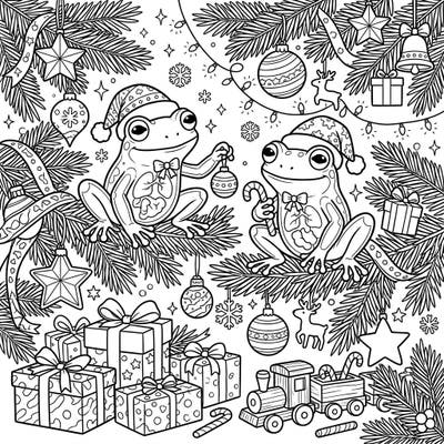 Get ready for a unique holiday coloring experience with these adorable glass frogs celebrating Christmas! Discover a festive scene filled with sparkling ornaments, wrapped presents, and whimsical cheer, perfect for all ages.