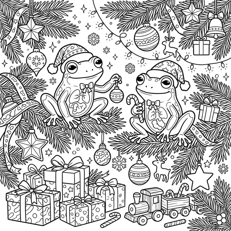 Get ready for a unique holiday coloring experience with these adorable glass frogs celebrating Christmas! Discover a festive scene filled with sparkling ornaments, wrapped presents, and whimsical cheer, perfect for all ages.