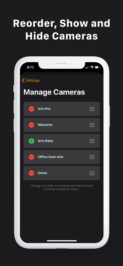 Manage Cameras screen in HomeCam for HomeKit showing a list of smart cameras with options to reorder show and hide them