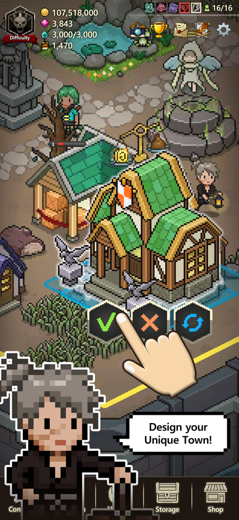 Evil Hunter Tycoon - Pixel art gameplay showing a player placing a building to design their unique town in Evil Hunter Tycoon