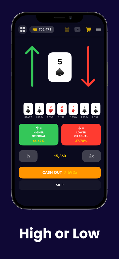 Interface of the High or Low card game in the Crash or Cash Lucky Casino app
