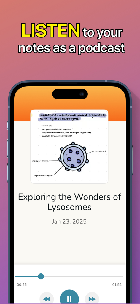 Yolk AI: Einstein AI Method - Yolk AI app interface showing a biology note converted into an audio podcast with playback controls