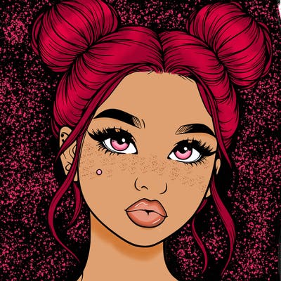 realistic girl with two buns on her hair and lips
