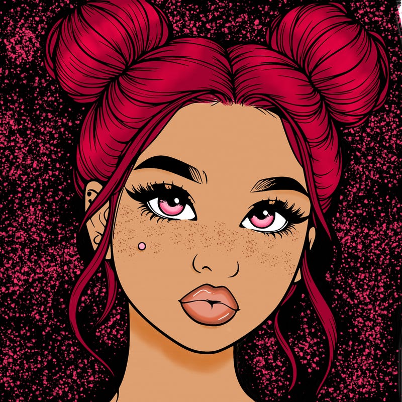 realistic girl with two buns on her hair and lips