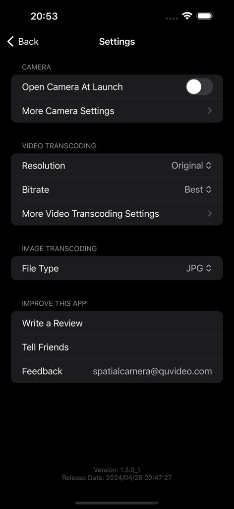 SpatialCamera - SpatialCameraアプリの設定メニュー。ビデオおよび画像トランスコーディングオプションが表示されます。